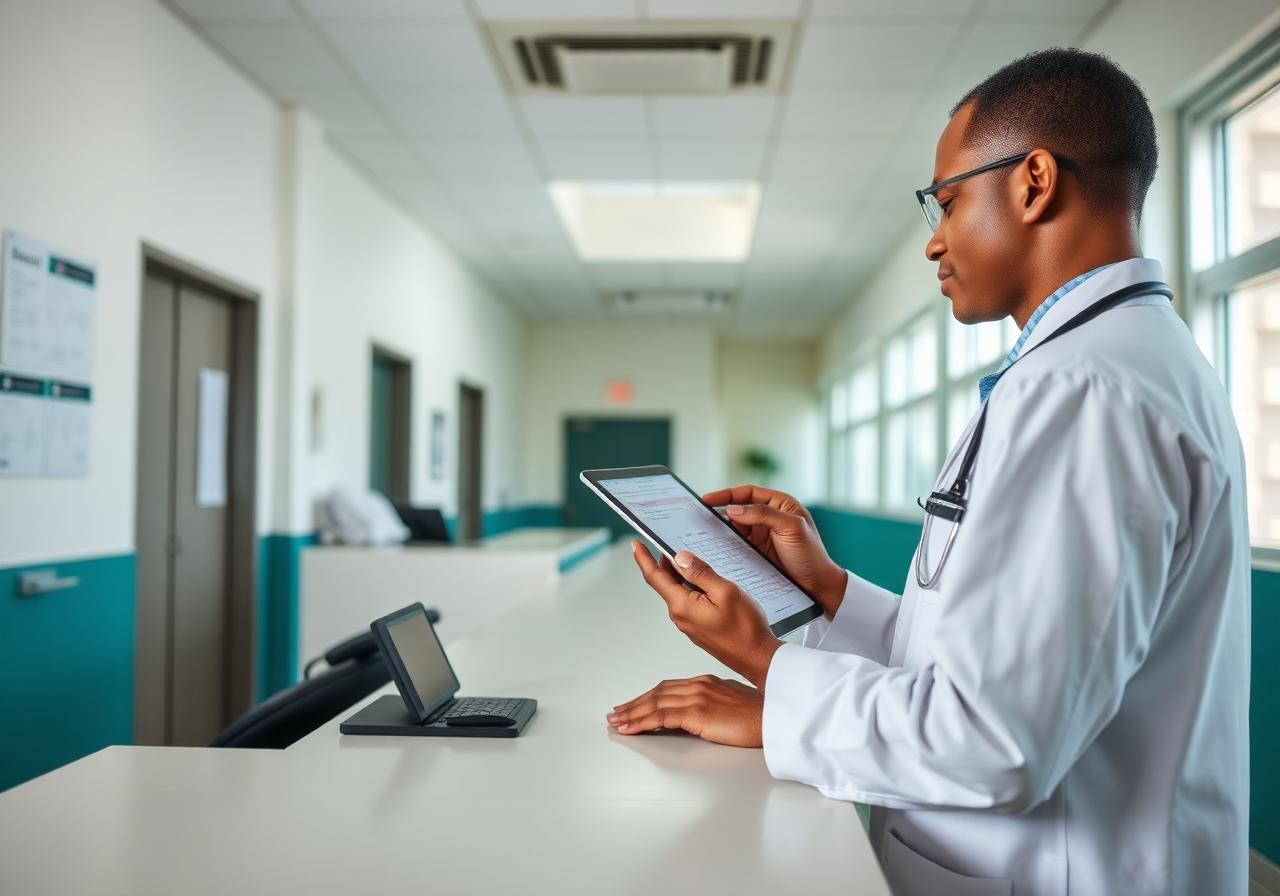 Doctor reviewing patient records on a tablet at a hospital reception