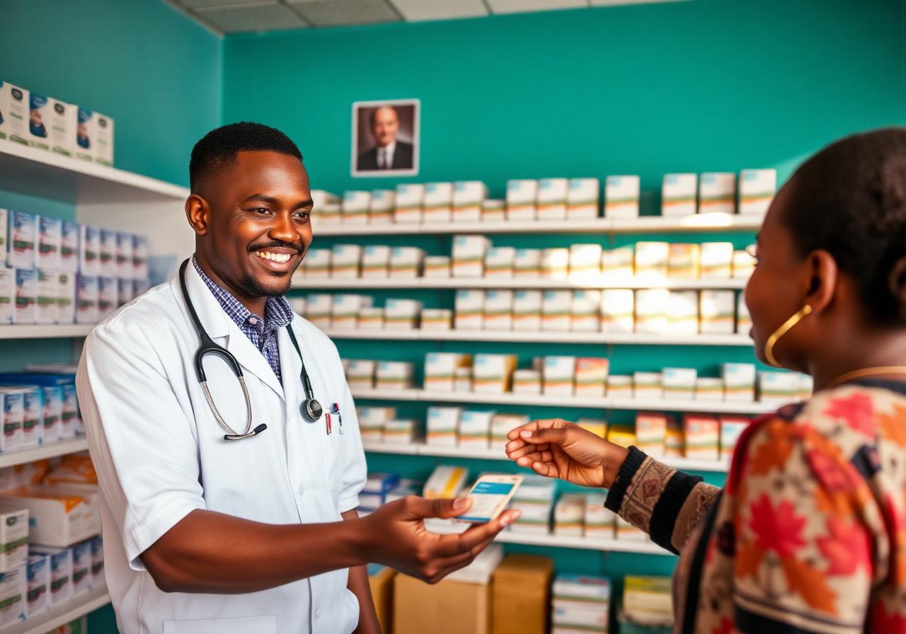 Pharmacist handing medication to a customer in a Ugandan pharmacy